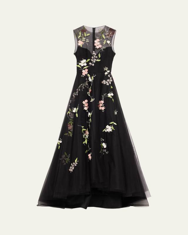 Floral Embroidered Sleeveless Illusion Bodice Gown